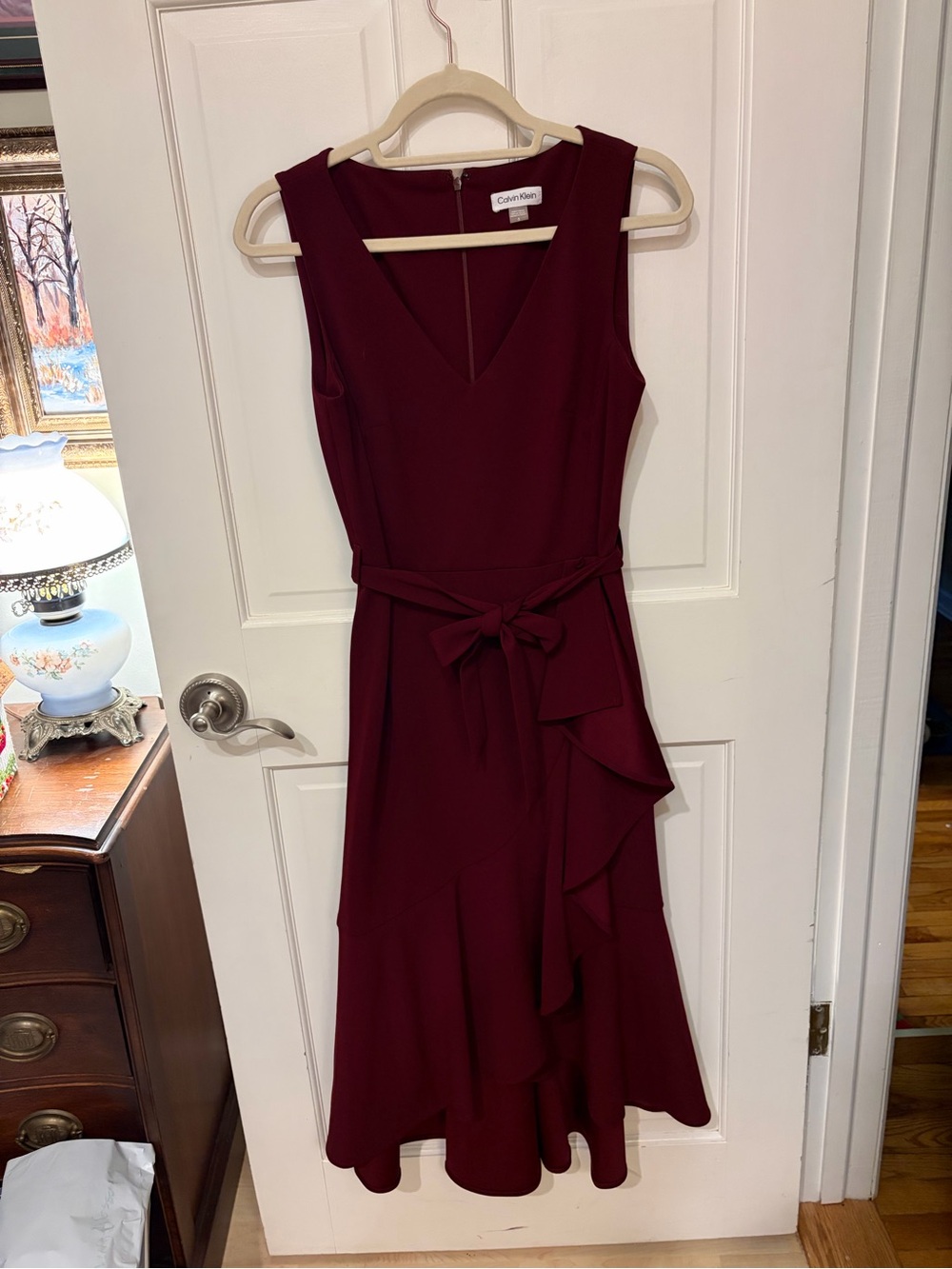 Maroon A-Line Calvin Klein Midi-Length Self-tie Dress with Ruffles